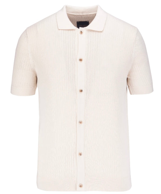 Guide London Knitted Stripe Button Through Short Sleeve Shirt